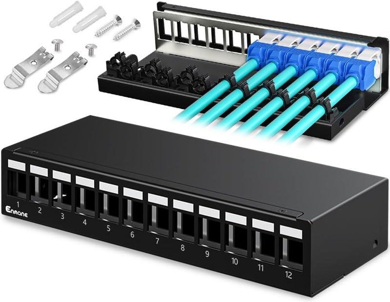 Enmane Patch Panel 12 Port Blank Keystone Patch Panel STP&UTP Compatible with LC/SC/ST/FC/USB/HDMI Keystone Jack for Desk Mount& Wall Mount - Image 1